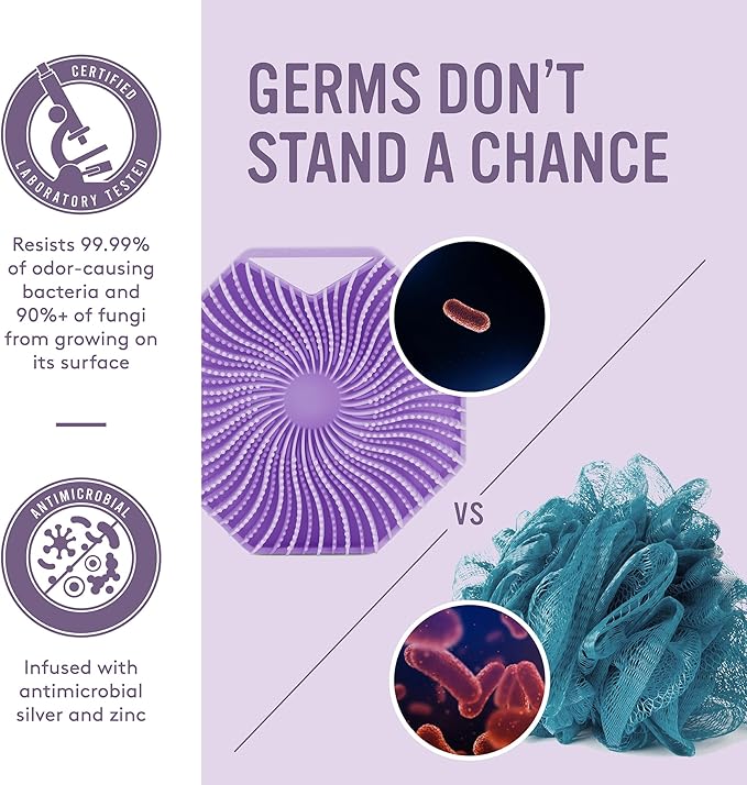 Sud Scrub® Antimicrobial Silicone Body Scrubber, Exfoliating Body Scrubber for Sensitive Skin, Eco Friendly Shower Scrubber for Body, Silicone Body Brush for Showering, Purple