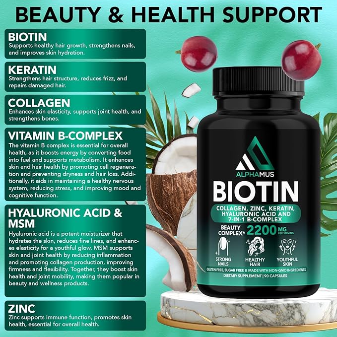Biotin and Collagen Supplements with Keratin - Biotin 5000mcg Capsules for Hair Growth, Healthy Skin & Nails - Optimized Blend of Hyaluronic Acid & Vitamin-B Complex for Women & Men, 90 Capsules