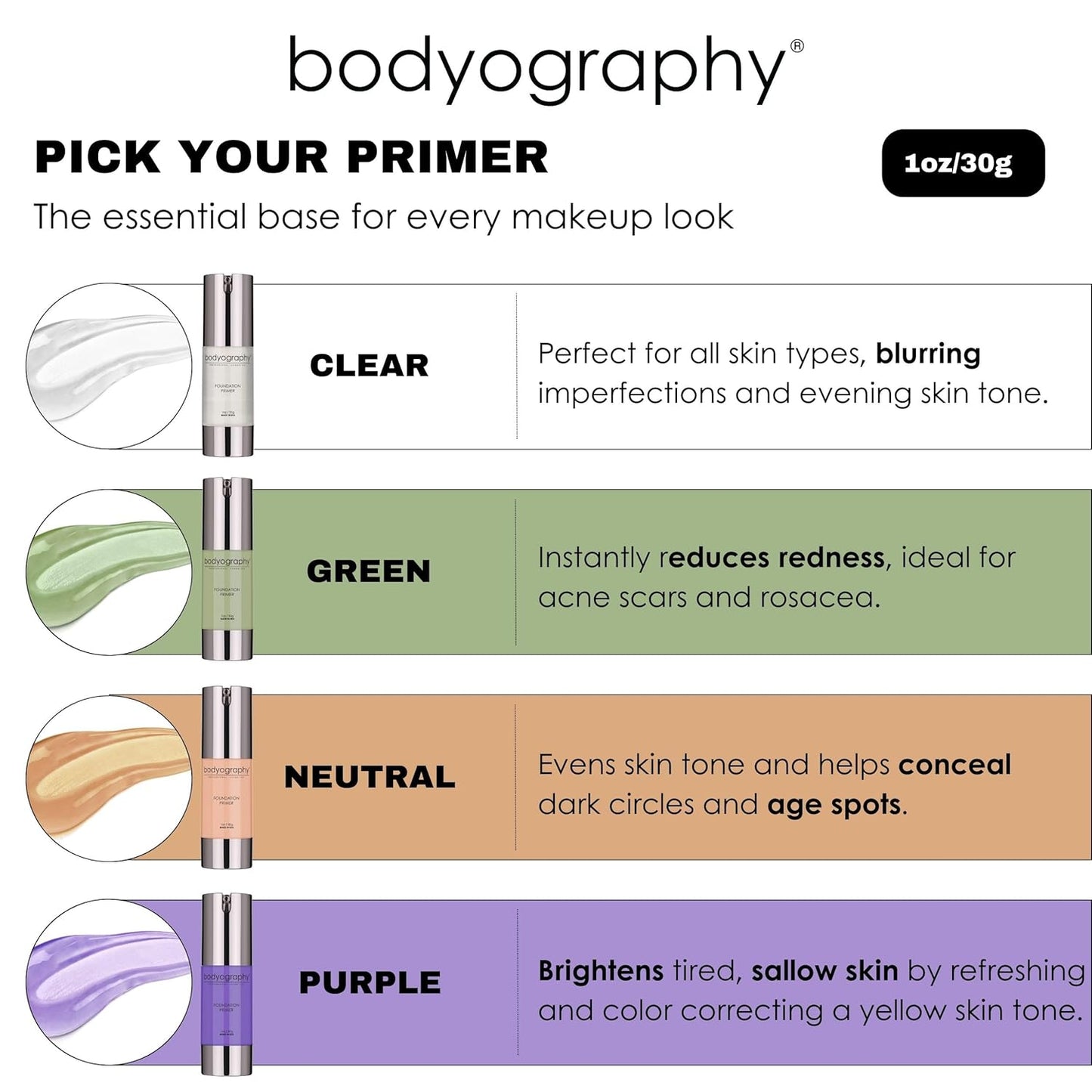 BODYOGRAPHY - Foundation Primer (Purple): Flawless Anti-Aging Salon Makeup Primer w/Vitamin E, A, Jojoba, Grapeseed Oil | Control Shine | Gluten-Free, Cruelty-Free, 1 oz.
