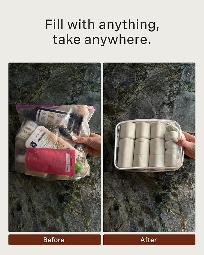 Cadence Travel Containers - Core Skincare Set - Magnetic Travel Capsules - 2 Small (0.56oz) & 3 Medium Capsules (1.32oz) with Cleanser, Moisturizer, Serum, Makeup Remover & Sun-Icon Label - Charcoal