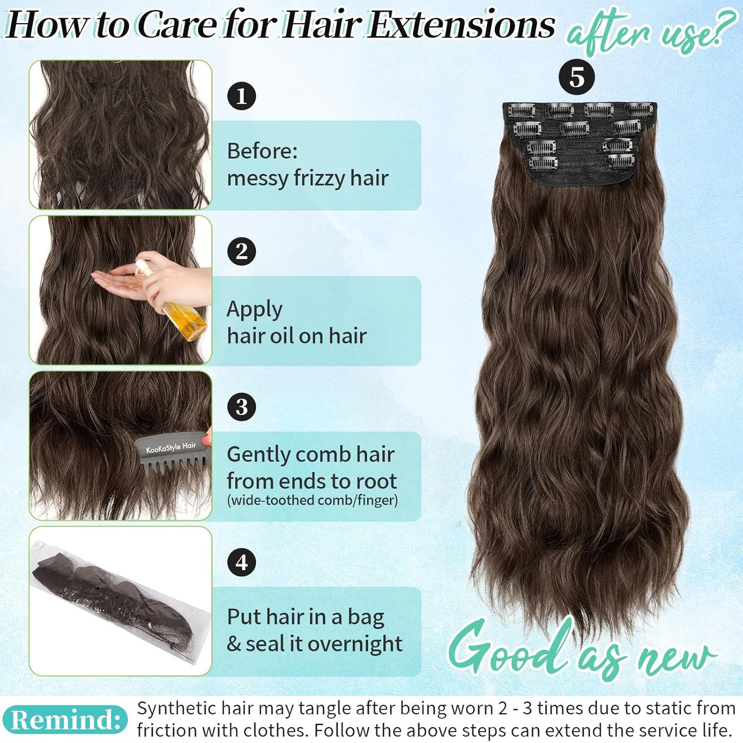 KooKaStyle Hair Extensions Long Wavy 4PCS Thick clip in hair extensions Hairpieces Chocolate Brown Fiber Double Weft Natural Synthetic Hair Extensions 24 Inch for Women