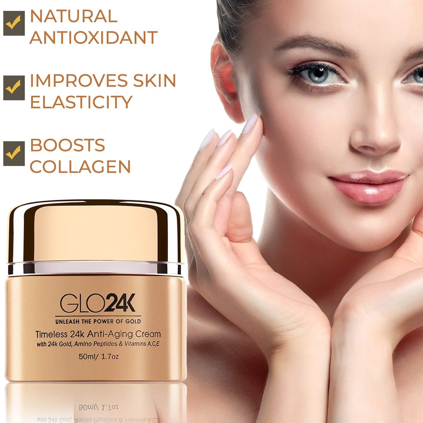 GLO24K Timeless Anti-Aging Cream with 24k Gold, Potent Peptides, and Vitamins A,C,E and Retinol
