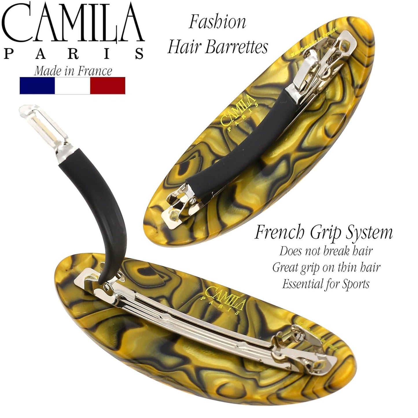 Camila Paris CP3139 French Hair Barrette Clip Handmade Oval Yellow, Strong Hold Grip Hair Clips for Women, No Slip Rubberized Metal Closure, Durable Styling Girls Hair Accessories, Made in France