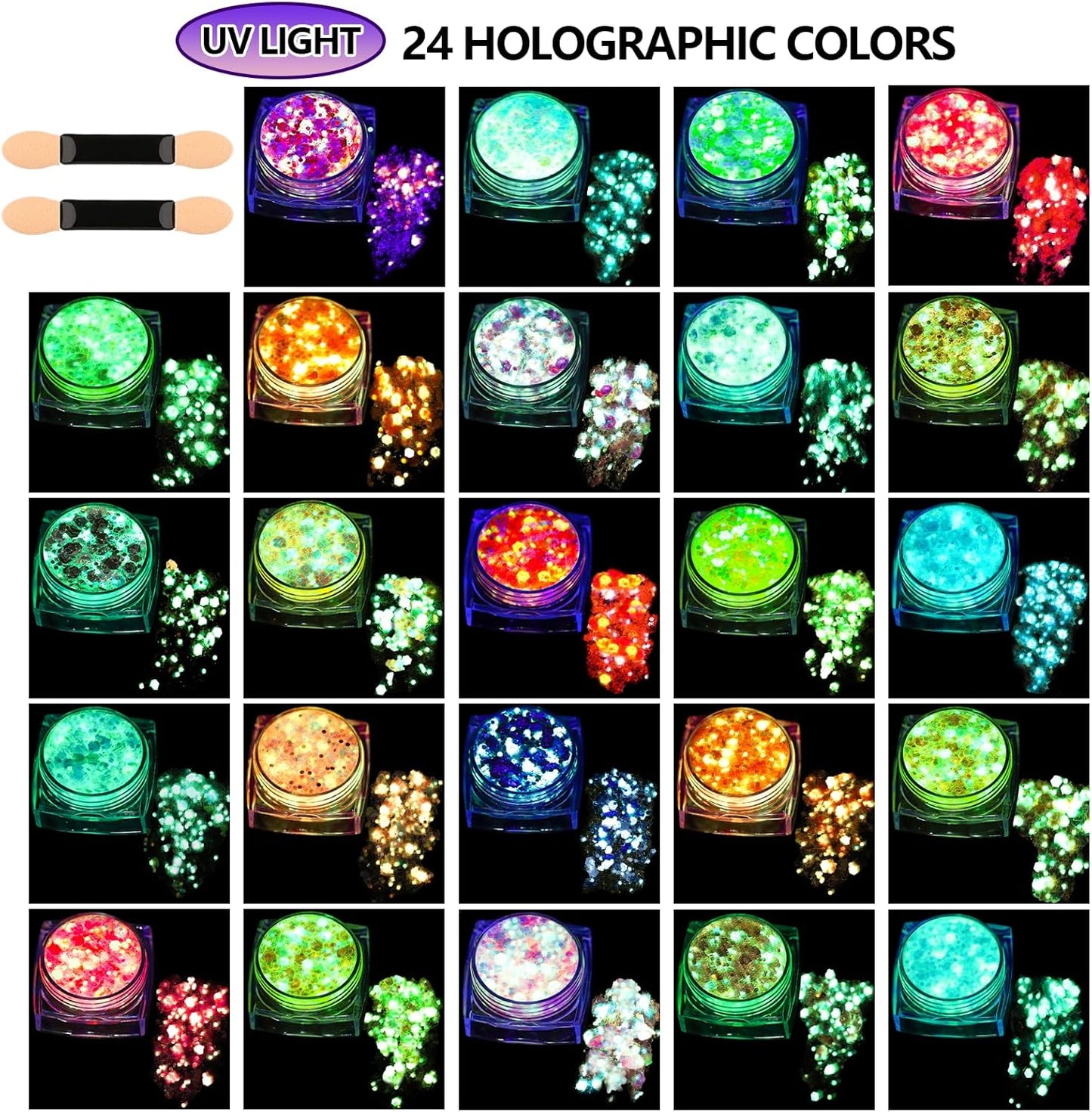 Teenitor 24 Colors Glow in The Dark Body Glitter Face Glitter Gel for Halloween, Hair Glitter for Kids Rave Accessories, Chunky Glitter Face Glitter for Women Makeup in Festivals Party