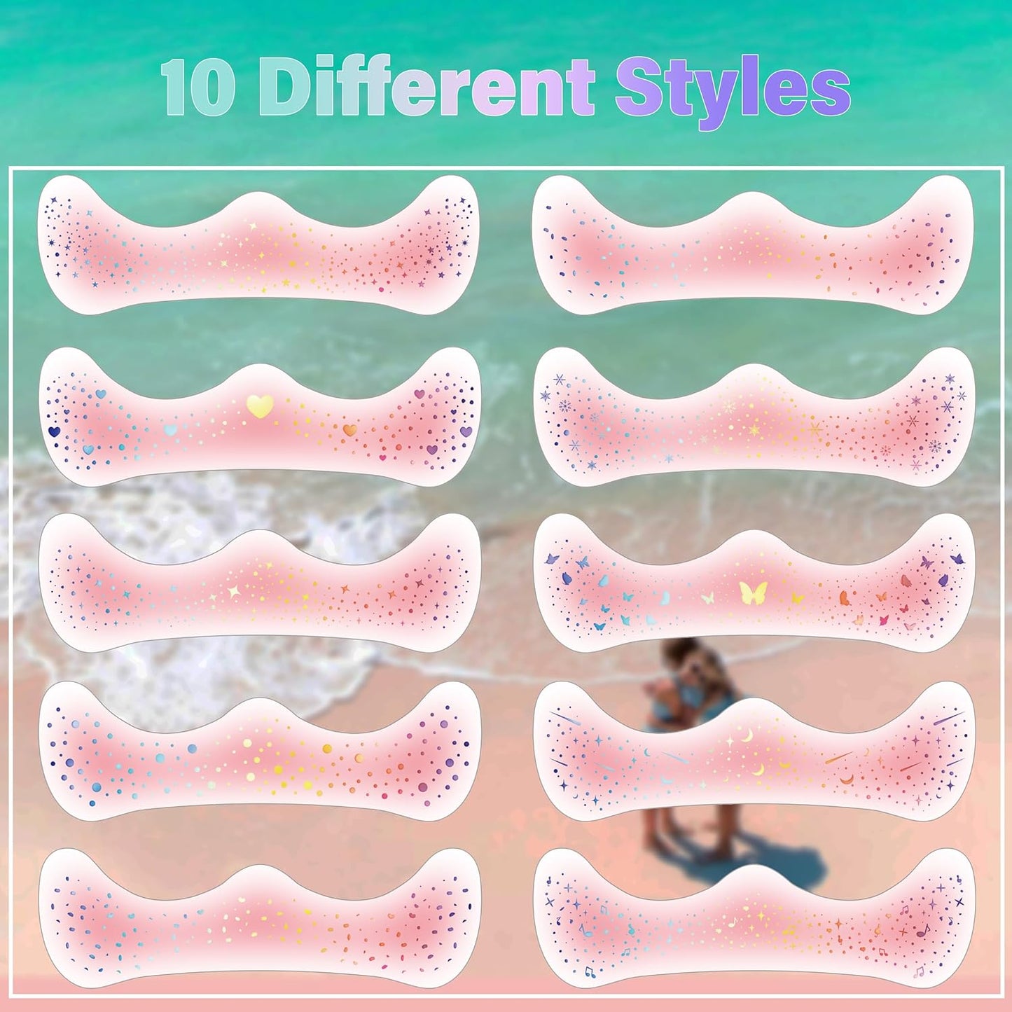 10 Pcs Holographic Multichrome Glitter Freckles Face Tattoos, 2-in-1 Rose-pink Blush and Holographic Laser Temporary Tattoos, Waterproof and Long-lasting Face Makeup Tattoos for Women and Girls