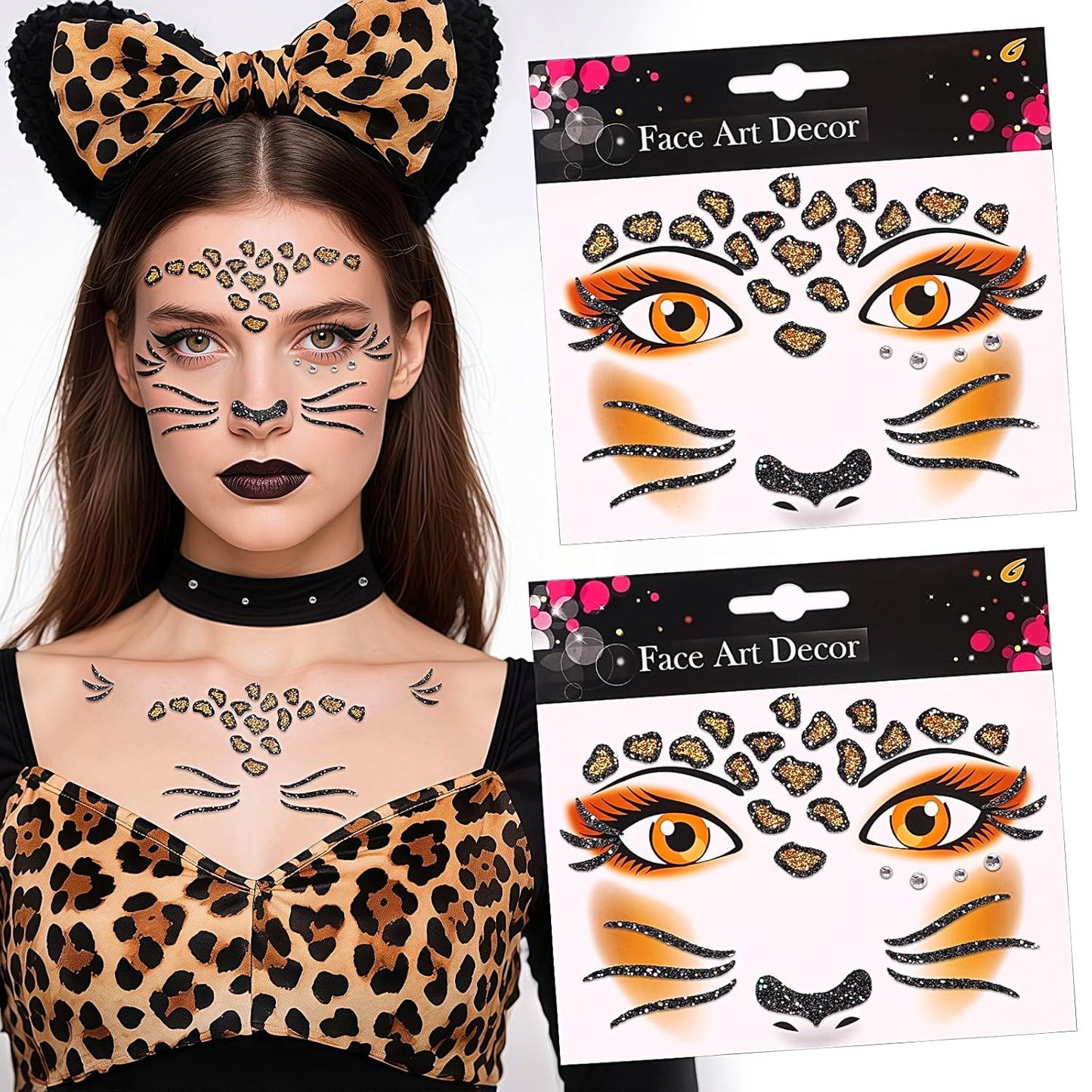 Face Stickers Gems Halloween Temporary Tattoo Sticker Animals Face Sticker Decal Body Face Self-adhesive Sticker Stage Makeup Party Cosplay Decoration 2pcs (cheetah)