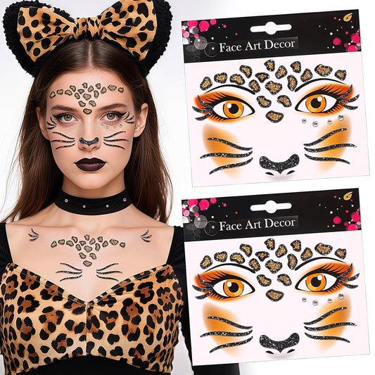 Face Stickers Gems Halloween Temporary Tattoo Sticker Animals Face Sticker Decal Body Face Self-adhesive Sticker Stage Makeup Party Cosplay Decoration 2pcs (cheetah)