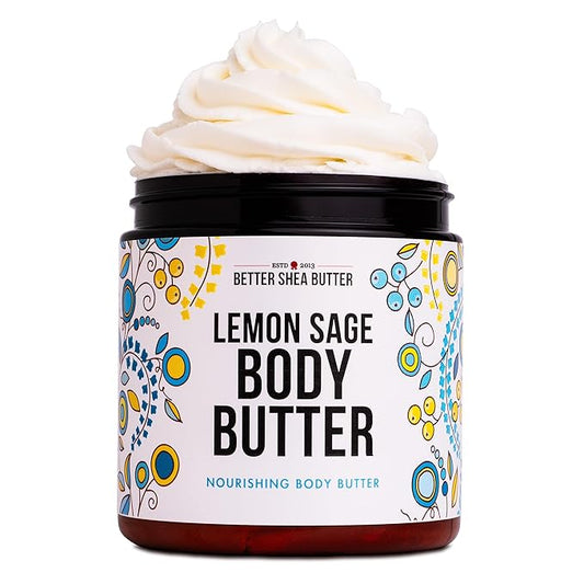 Lemon Sage Body Butter - Whipped Organic Shea Butter with Jojoba Oil and Essential Oils, Natural Lemon Lotion for Women and Men, Moisturizer for Dry Skin with No Synthetic Fragrances