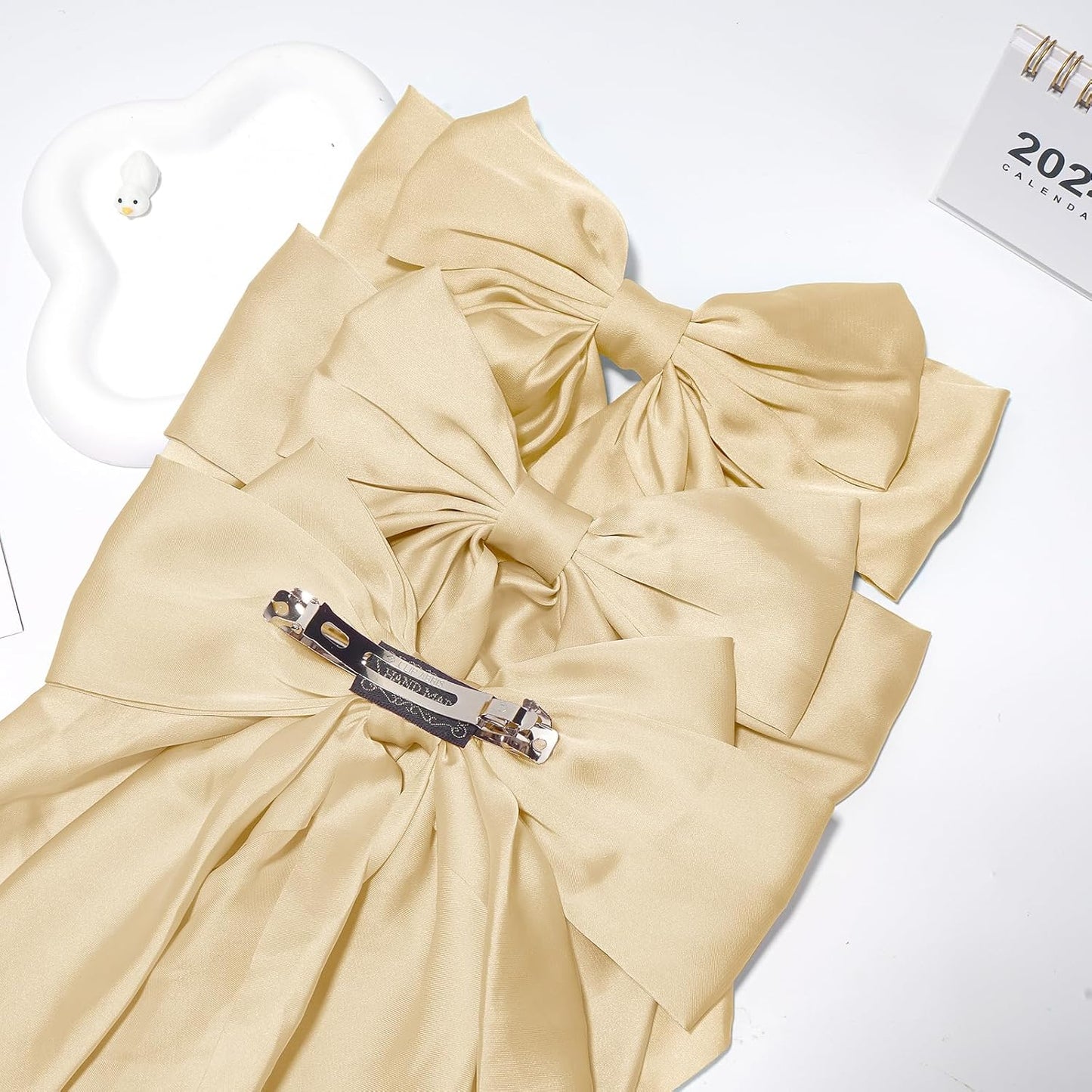 Hair Bows for Women Silky Satin Hair Bow with Long Tail 2PCS Khaki Hair Ribbons Bow Hair Clips Large Hair Bow with Metal Clips