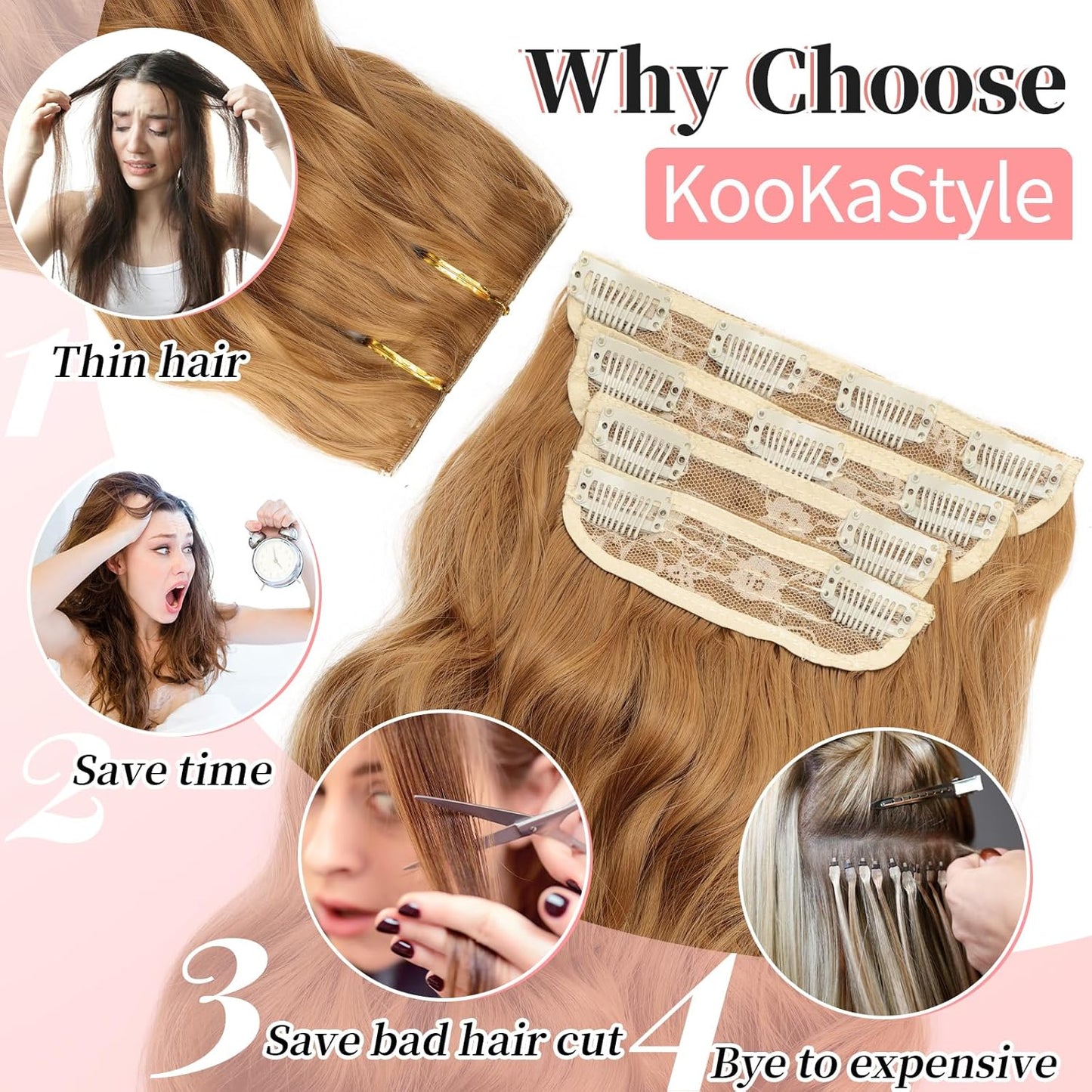 KooKaStyle Clip in Synthetic Hair Extensions Long Wavy 4PCS Thick Hairpieces Auburn Brown Fiber Double Weft Natural Hair Extensions 20 Inch for Women