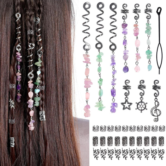 hoyuwak 40Pcs Hair Jewelry for Braids Loc Dreadlock Accessories Hair Beads Clips Cuffs Charms Rings for Women Grls Rave Punk Hairstyle Decoration, Black
