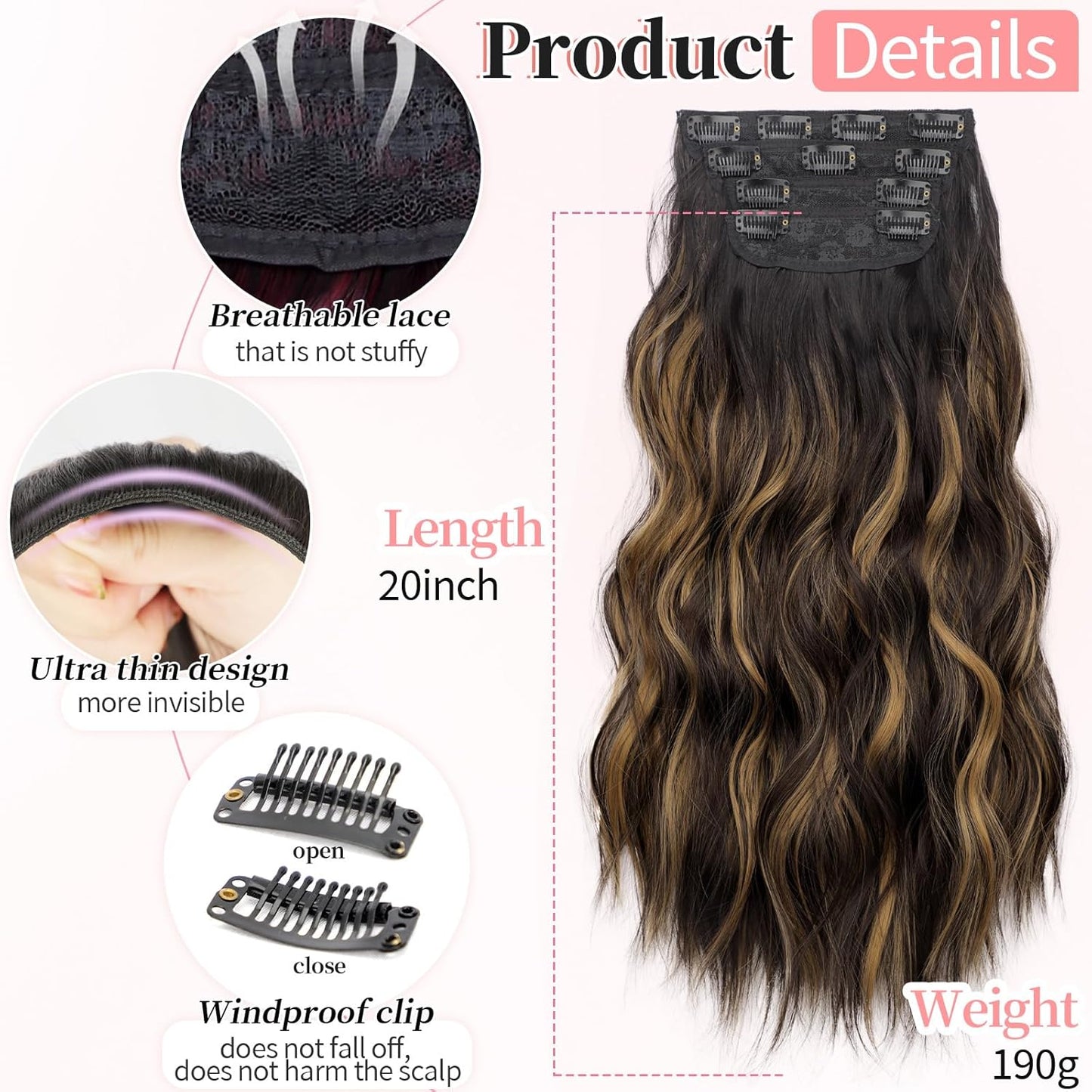 KooKaStyle Clip in Synthetic Hair Extensions Long Wavy 4PCS Black&Dark mix light brown Fiber Double Weft Natural Hair Extensions 20 Inch for Women