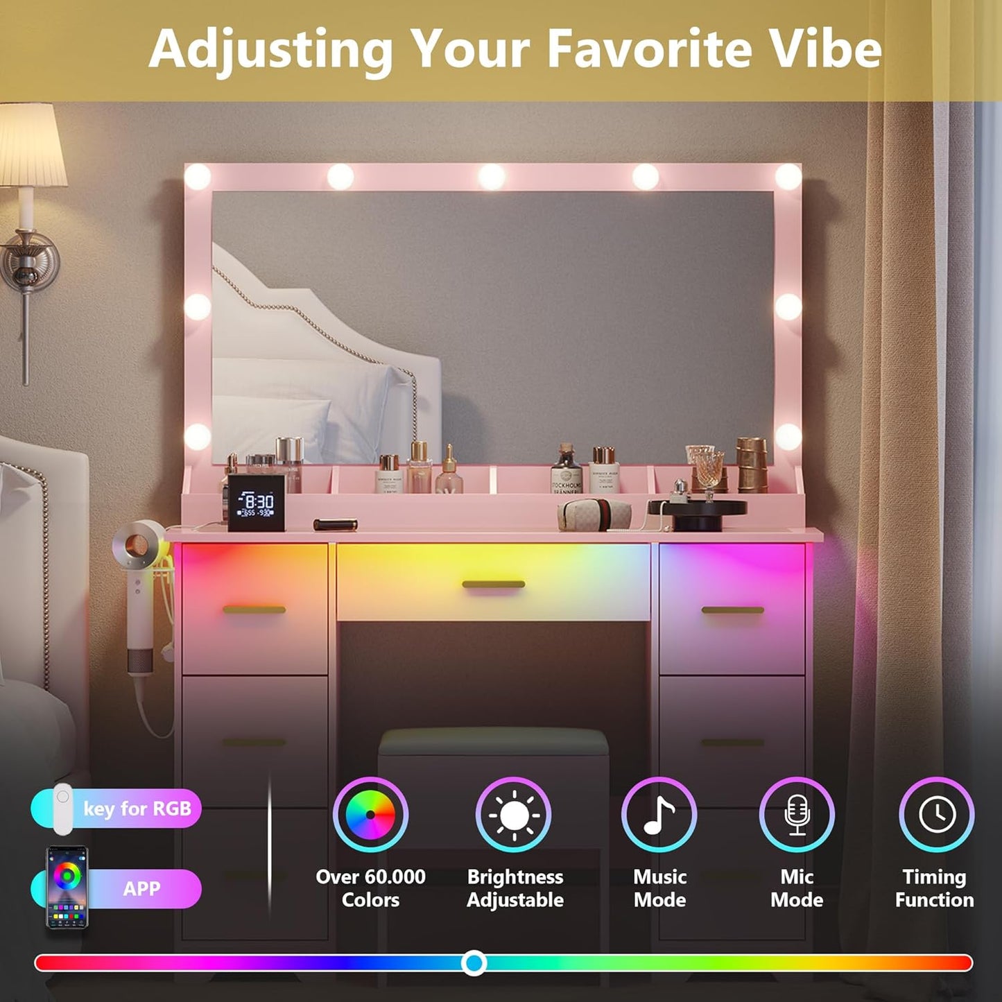 Makeup Vanity with Large Lighted Mirror and Chair, 7 Drawers Vanity Makeup Desk Table with Power Strip, Adjustable Lighting, and Cushioned Storage Stool for Women, Girls