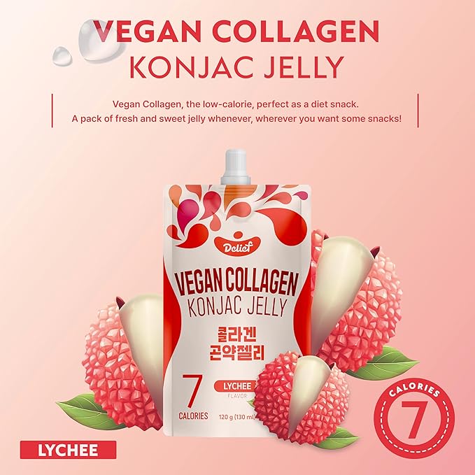 Vegan Collagen Konjac Jelly (Lychee Flavor) 120g x 10 Packs – Low-Calorie Fruit Gel Snack, Gluten-Free, Plant-Based, 7 kcal per Pouch