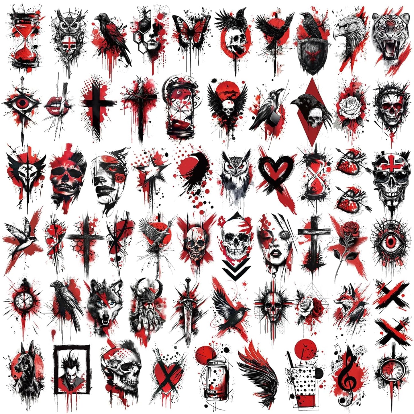 77 Sheets Temporary Tattoos, 17 Sheets Half Arm Black & Red Trash Polka Skull Heart Wolf Crow Cat Cross Flower for Adults Shoulder Neck, 60 Sheets Small Fake Tattoo Sticker for Teen Men Women Body Art