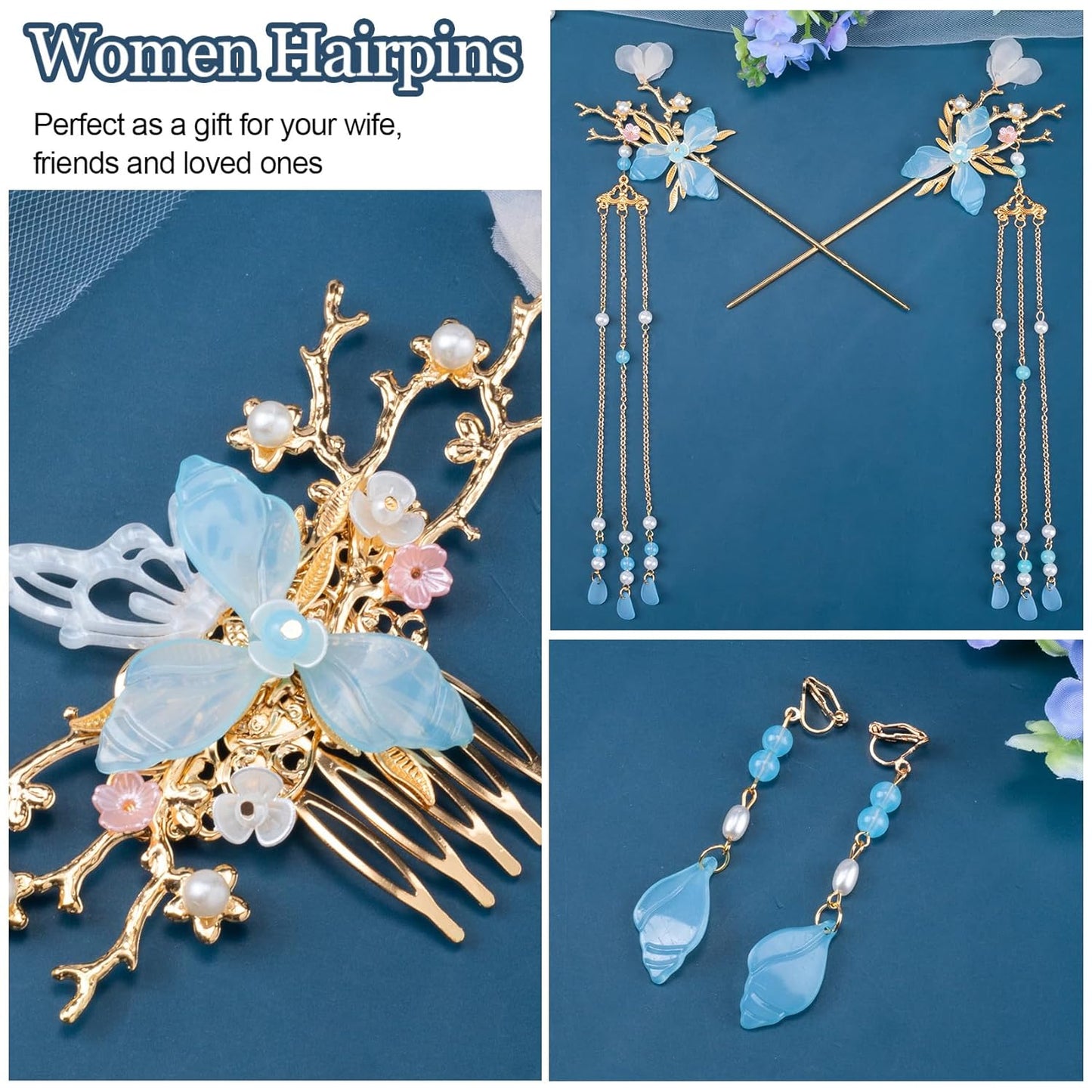 5pcs Flower Tassels Hairpin for Women, Non-Slip Crystal Pearl Greenstick Hair Clips, Retro Chinese Hanfu Wedding Brides Hair Accessories for Long Hair