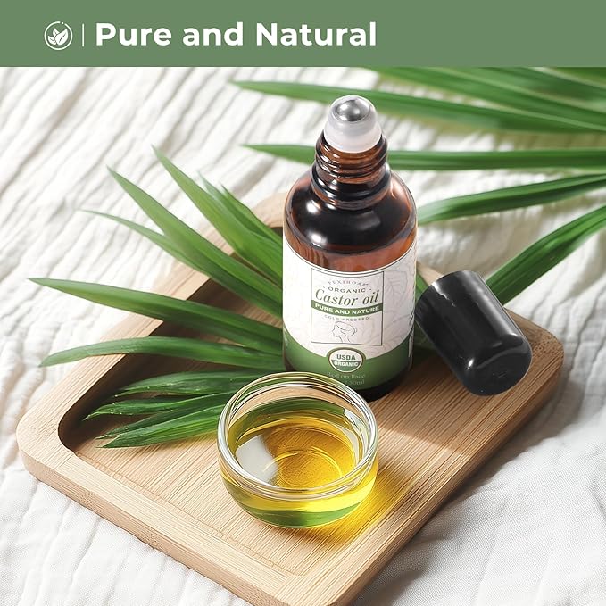 Castor Oil Roll on for Face Eye Hair Scalp Eyebrow, Under Eye Roller, Certified Organic Cold Pressed Body Castor Oil Roller Stick Glass Bottle