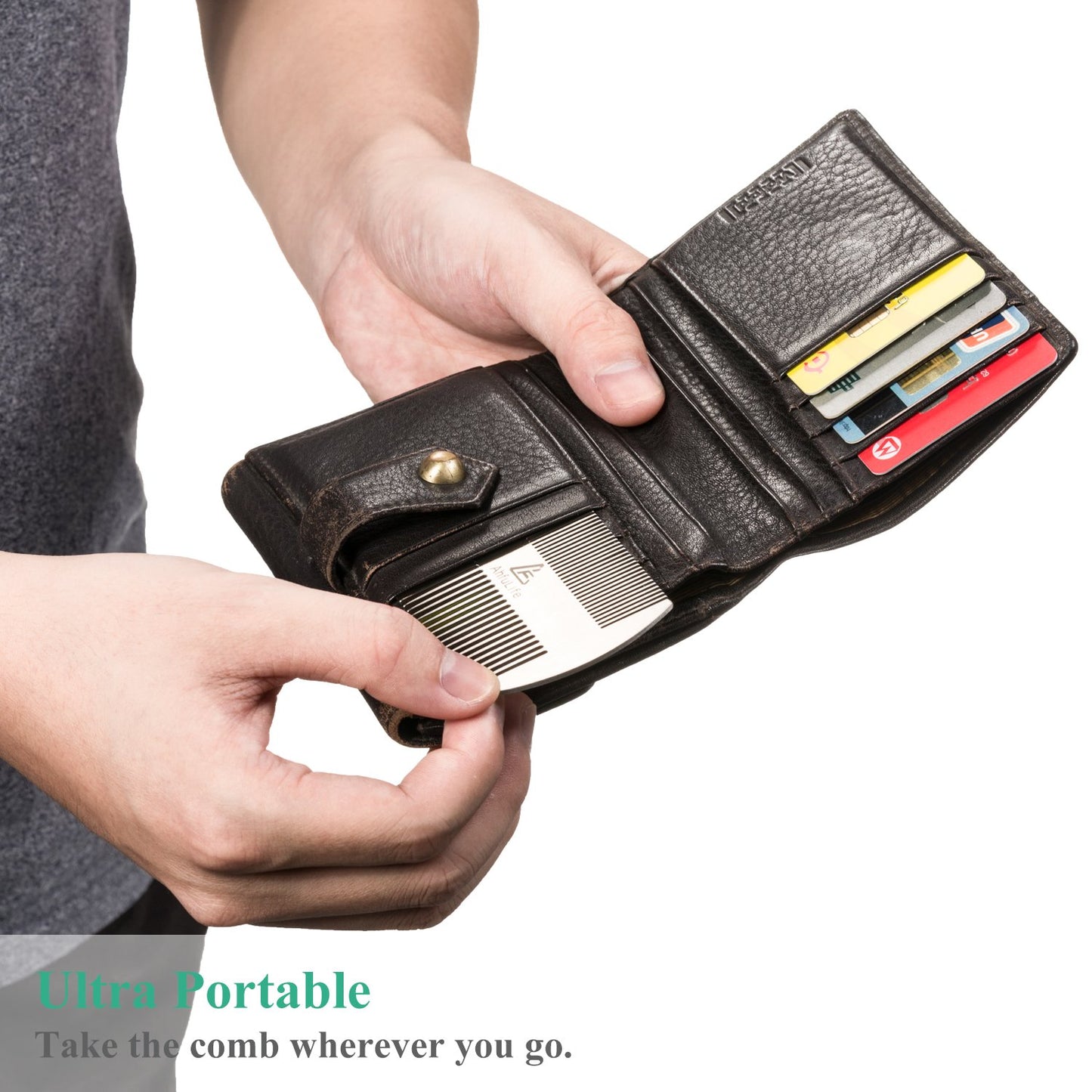 AhfuLife Metal Hair & Beard Comb - EDC Credit Card Size - Anti-Static Dual Action - Stainless Steel Comb Gift Box