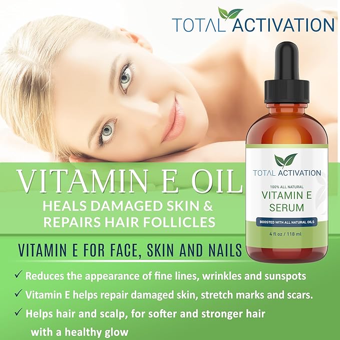 Large 4 oz Organic Vitamin E Oil 100% Pure Cold Pressed for Skin Face Hair Nail Growth, Dry Skin, Body Moisturizer Anti-Aging Skin Moisturizer compare with Vitamin E Cream Scar Minimizer Cream