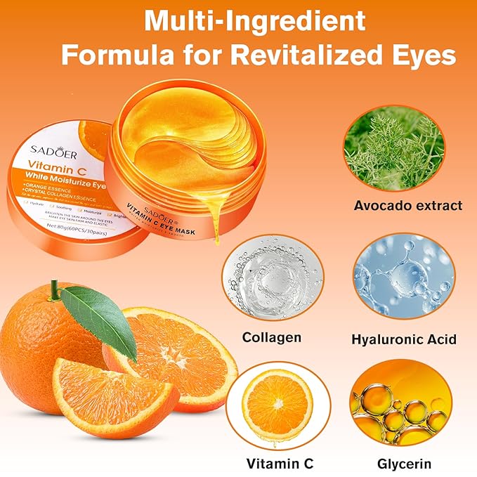Vitamin C Eye Patches 2-Pack 120 PCS, Improving Skin Tone, Reducing Dark Circles and Refreshing, Collagen Eye Mask for Puffy Eyes, Suitable for Both Men and Women