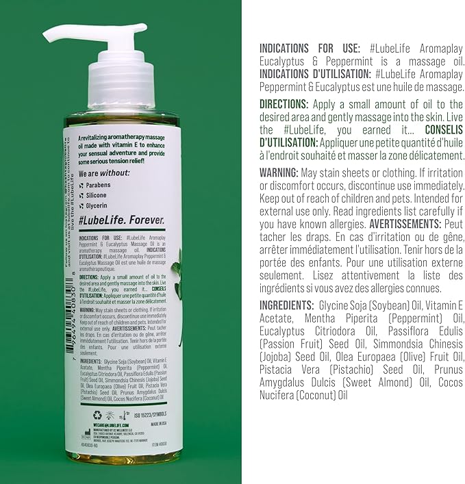 #Lube Life Aromaplay Eucalyptus and Peppermint Massage Oil, Aphrodisiac, Essential Oil for a Revitalizing Full Body Aromatherapy Massage, 8 Fl Oz