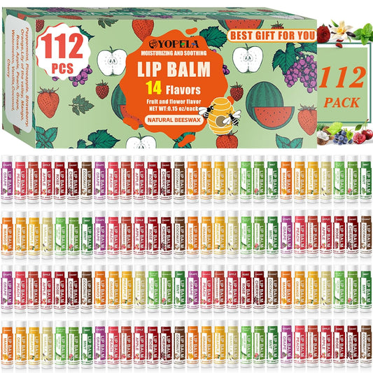 YOPELA 112 Pack Natural Lip Balm Bulk Lip Moisturizer with Vitamin E and Coconut Oil - Hydrating, Moisturizing, Soothing, and Repairing Dry and Chapped Lips Valentine's Gift - 14 Flavors - Non-GMO