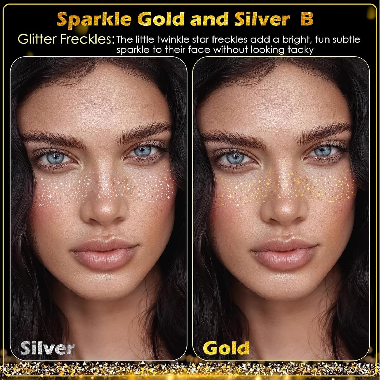 24pcs Gold and Silver Glitter Freckles Face Tattoo, Sparkle Freckles Temporary Face Tattoos, Body Face Glitter Makeup Patches Speckles, Waterproof Long Lasting Makeup Accessories for Women Girls