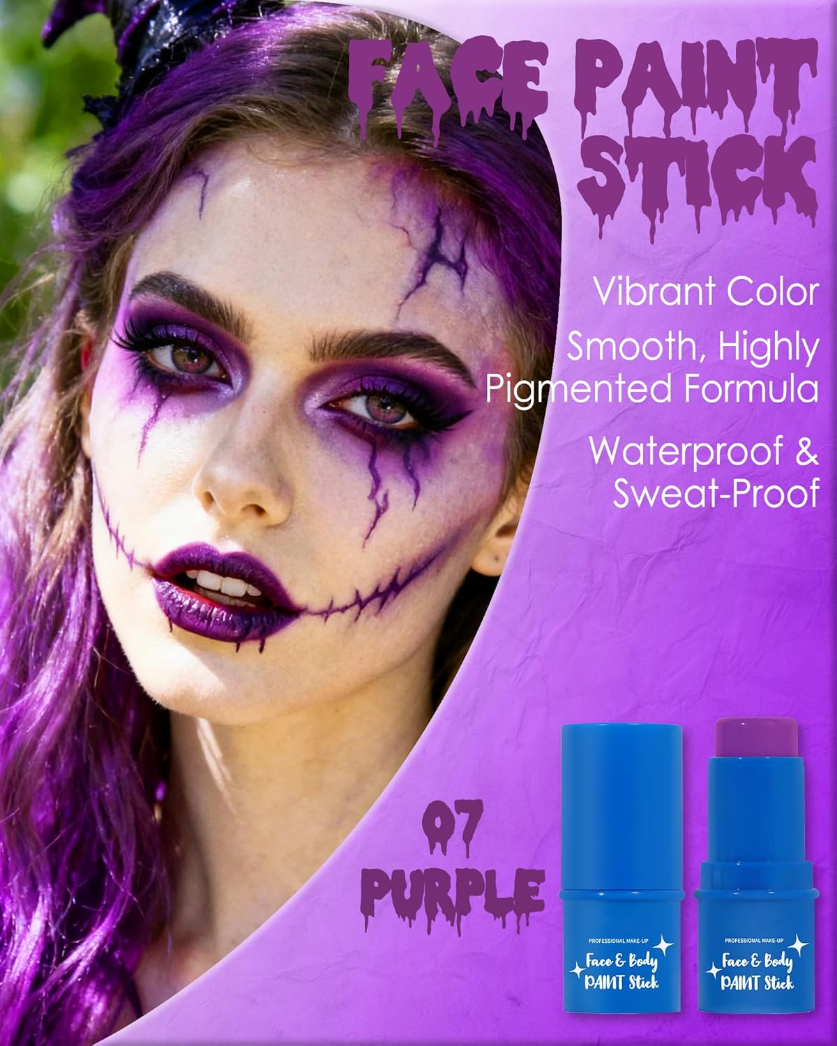 Purple Face Body Paint Stick, Waterproof Highly Pigmented Full Purple Body Paint for Adults, Eye Black Stick for Baseball Football Sports, Face Painting for SFX Cosplay Halloween Makeup-07