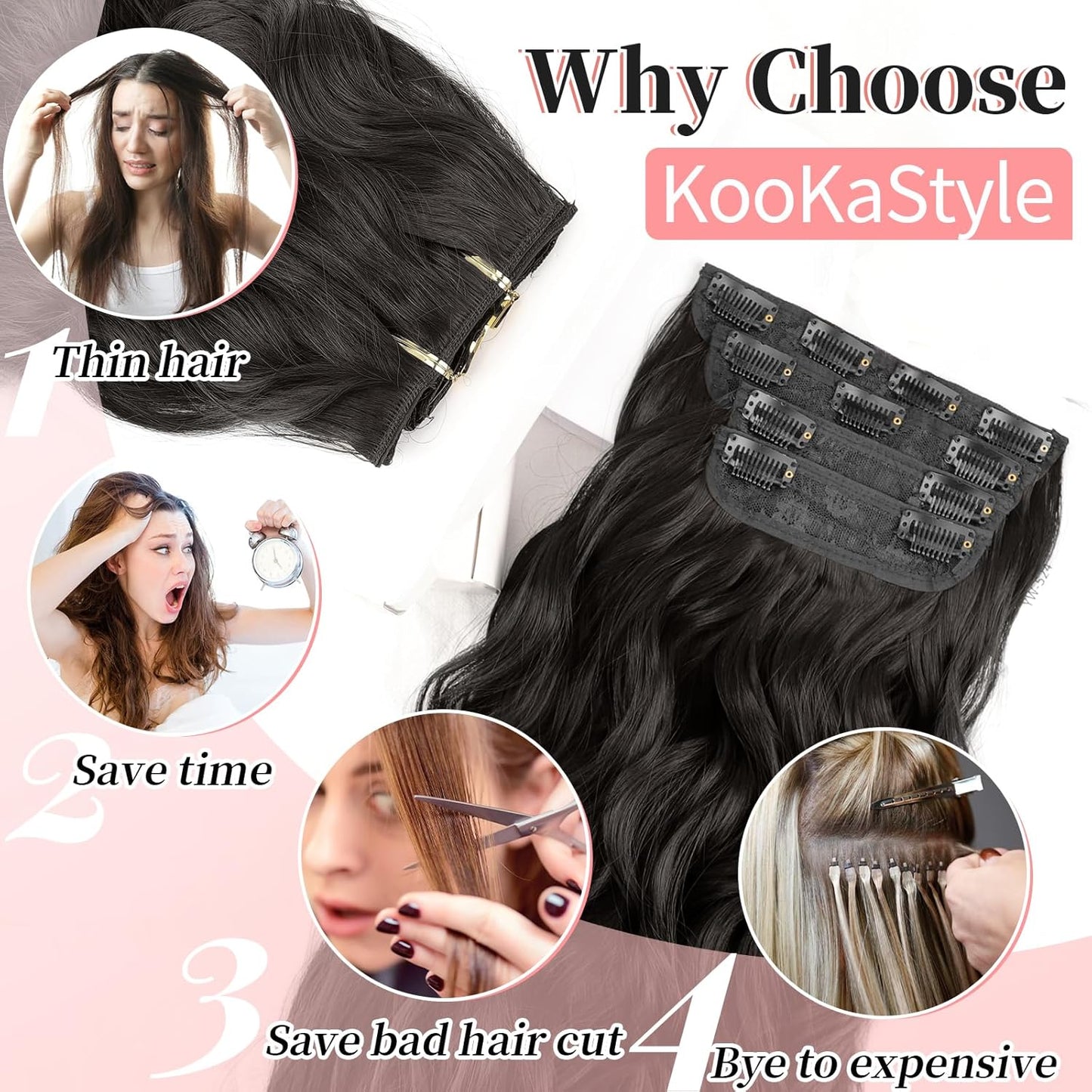 KooKaStyle Clip in Long Wavy Synthetic Hair Extension 20 Inch 4PCS Dark Brown Hairpieces Fiber Thick Double Weft Hair Extension for Women