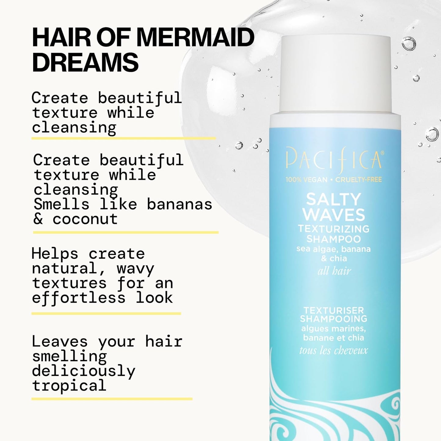 Pacifica Salty Waves Texturizing Shampoo - Beachy Textured, Messy Look, Hair Styles - Moisturizing Hair Care w/ Vitamin B & E - Banana Scent Clean Beauty Vegan & Cruelty-Free Dermatologist Tested