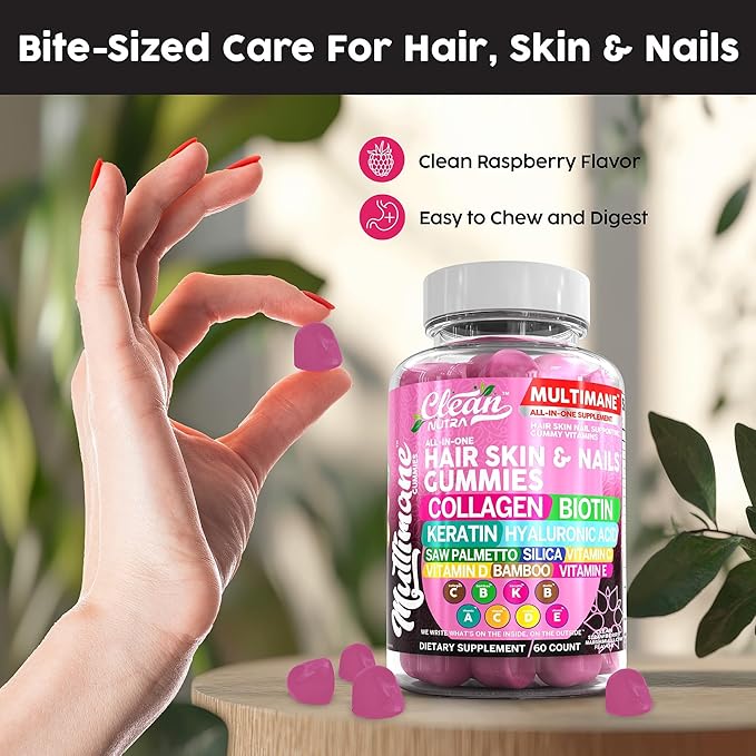 Multimane Collagen Gummies with Biotin Keratin Hyaluronic Acid Bamboo Vitamin A C Vitamin D Vitamin E Folate Saw Palmetto Silica B3 Vitamins Hair Skin and Nails Gummies by Clean Nutra