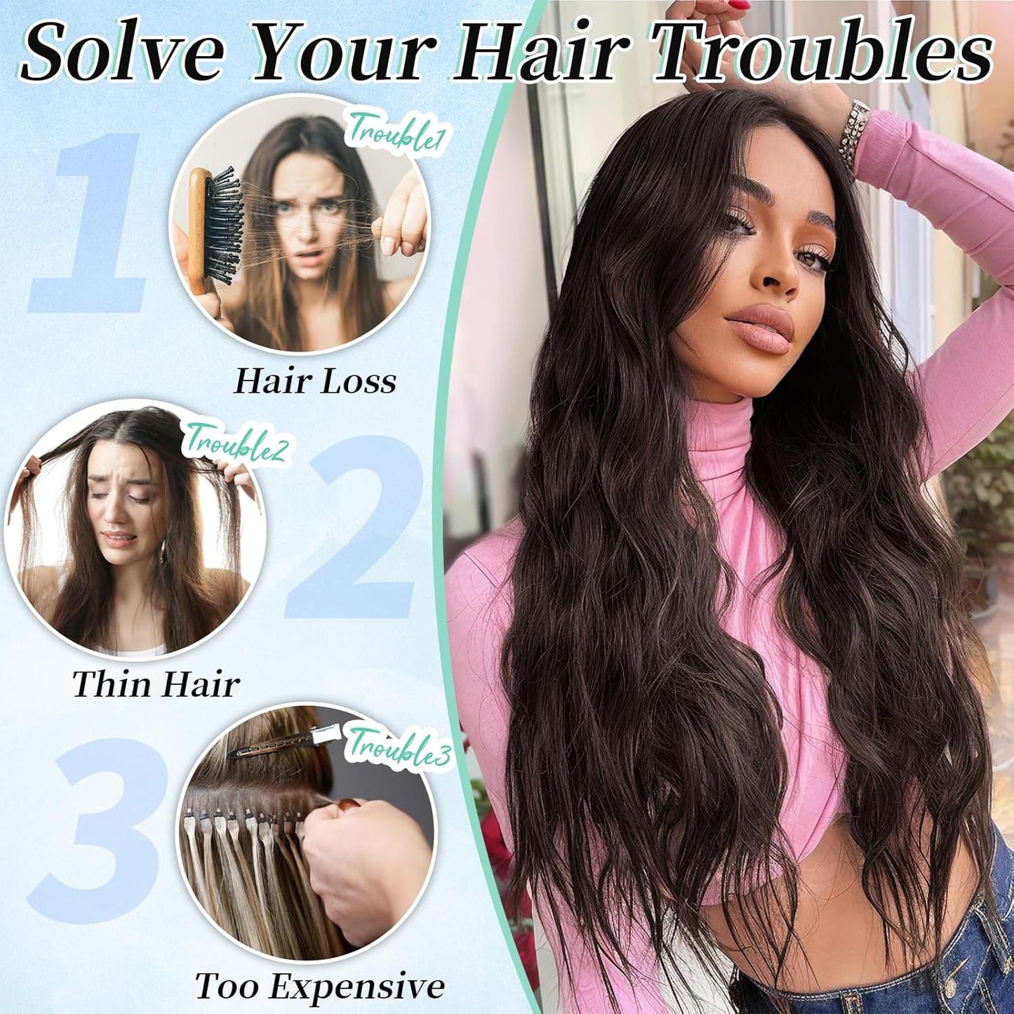 KooKaStyle Clip in Synthetic Hair Extensions Long Wavy 4PCS Thick Hairpieces Chocolate Brown 33Y# Fiber Double Weft Natural Hair Extensions 20 Inch for Women