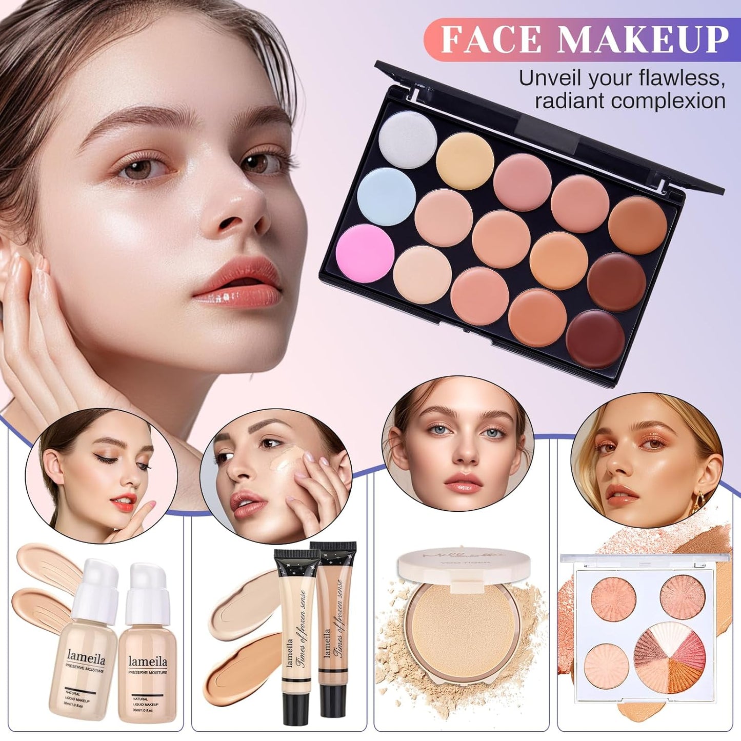 All in One Makeup Kit, Make Up Gift Set for Women, Makeup Kit for Women Full Kit, Includes Foundation Face Primer Eyeshadow Concealer Liquid Blush Lipgloss Eyeliner Mascara Cosmetic Brushes Set