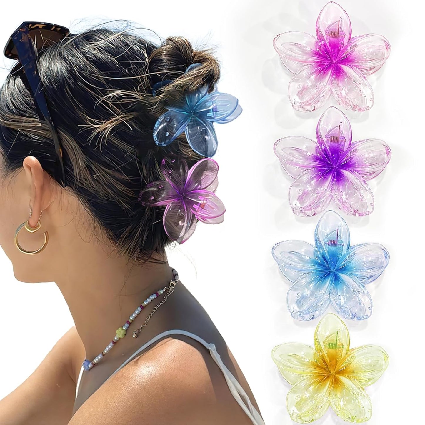 Colorful Clear Flower Hair Claw Clips - 4PCS Large Hawaiian Style Clips for Thick/Thin Hair, Birthday Gifts for Women/Girls