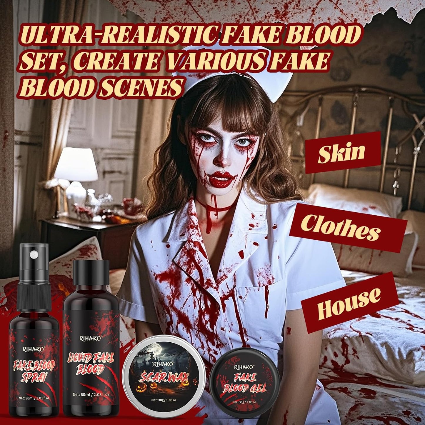 Halloween Fake Blood SFX Makeup Kit – Fake Blood, Scar Wax with Spatula, Blood Spray, Fake Blood Cream & Stipple Sponge – Realistic Wound Modeling & SFX Makeup for Zombie, Vampire & Undead Costumes