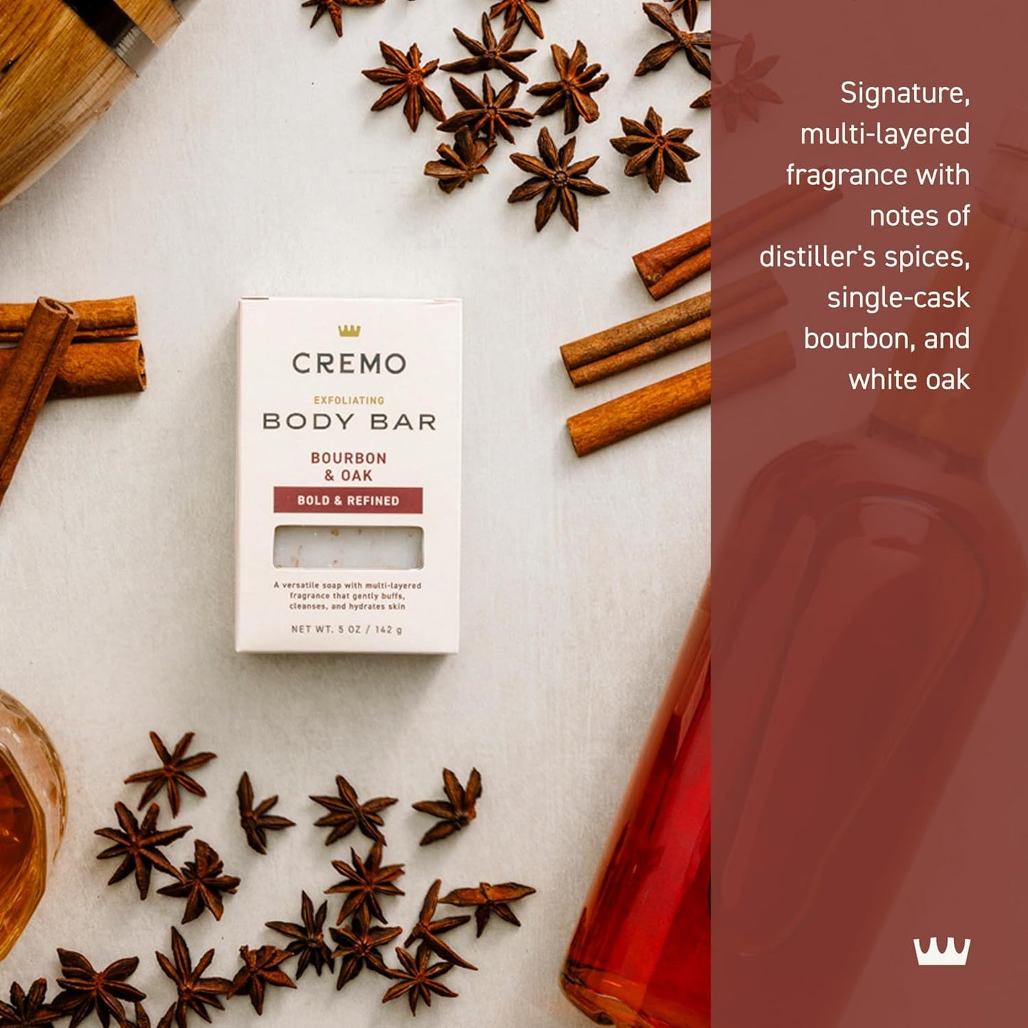 Cremo Exfoliating Body Bar for Men, Bourbon & Oak Scent, Multi-Layered Fragrance That Buffs, Cleanses and Hydrates Skin, 5oz