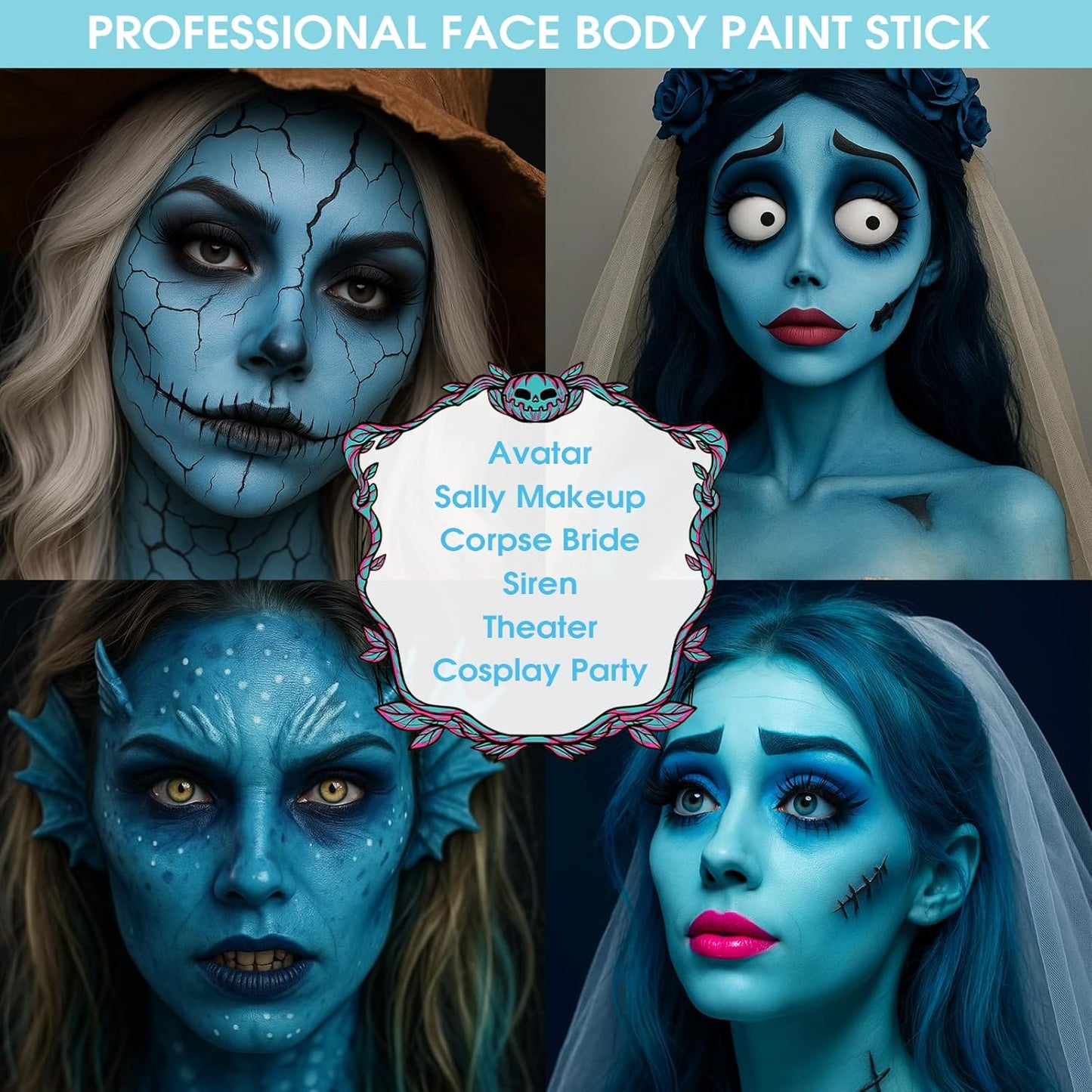 BAD COLOR Light Blue Face Body Paint, Pale Blue Eye Black Stick for Football/Baseball/Softball, Hypoallergenic Grease Sticks for Corpse Bride Halloween SFX Avatar Sally Makeup