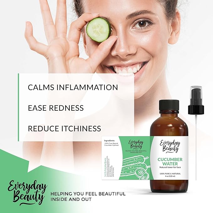 Cucumber Hydrosol Facial Toner - All Natural Hydrating Spray Mist for Face and Hair - 100% All Natural Cucumber Water Hydrosol 4oz with Fine Mist Cap