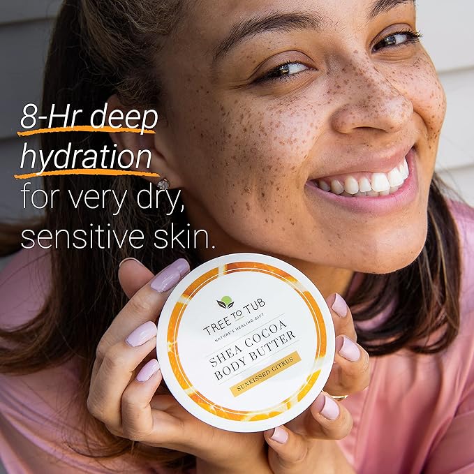 Tree to Tub Shea Body Butter for Dry, Extremely Dry, Sensitive Skin - Moisturizing Body Cream for Women & Men, Hydrating Body Lotion Moisturizer w/Vitamin C, Organic Cocoa, Citrus Scent