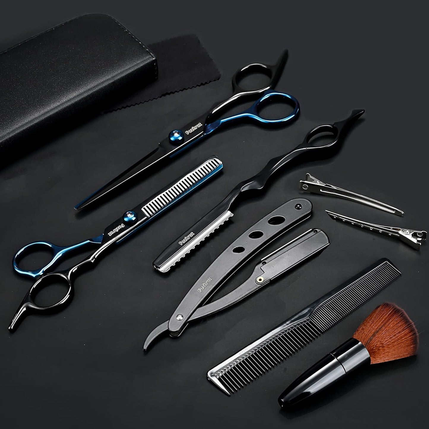 Barber Hair Cutting Scissors Set, Fozirut Professional Haircut Scissors Thinning Shears Straight Edge Razor Barber Accessories Hair Trimming Kit, Hairdresser Tools Haircutting Shears Pro for Men Women