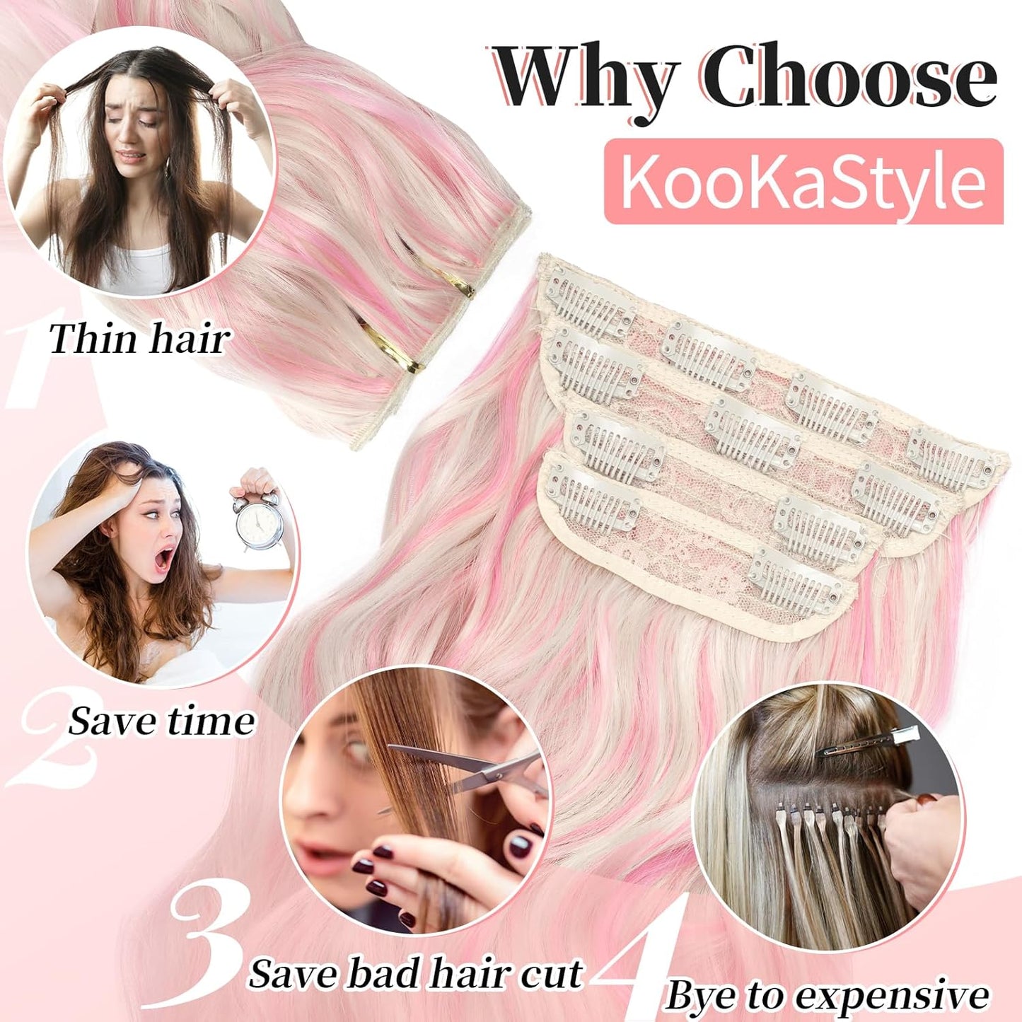 KooKaStyle Clip in Hair Extensions 4PCS Long Wavy Natural & Soft Hairpieces for Women 24 Inch for Women(Blonde with Pink Highlight)