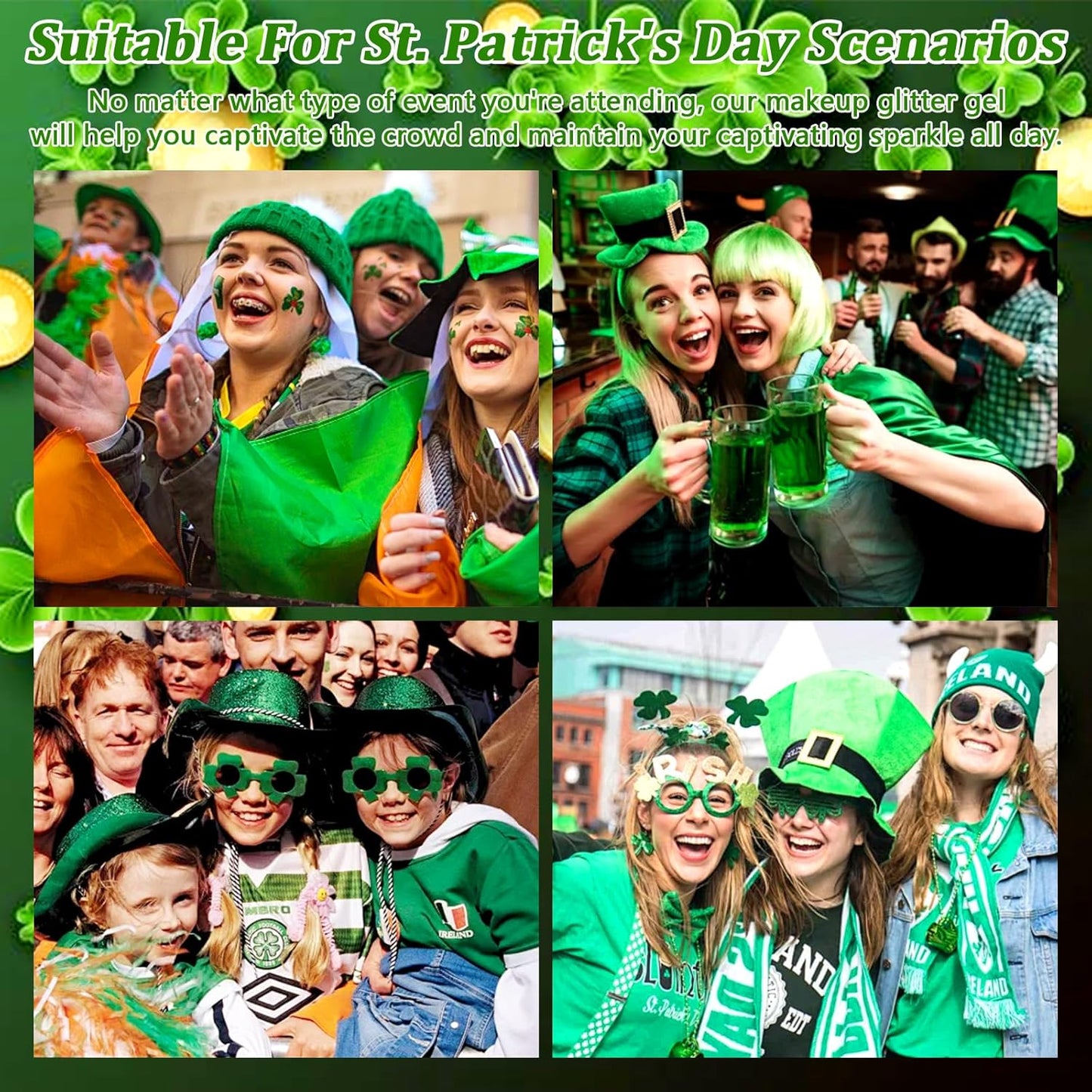 Boko 50ML Body Glitter Gel, Green St. Patrick's Day Chunky Glitter Gel for Face Hair Body Sparkle Makeup, Mermaid Face Glitter Sequins for St. Patrick's Day Concert Party Rave Accessories