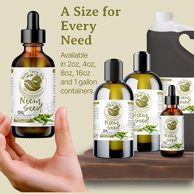 Bella Terra Oils - Organic Neem Seed Oil 8oz - Embrace Organic Neem's Richness, Packed with Azadirachtin & Nimbolide, Elevate Your Skin's Natural Glow