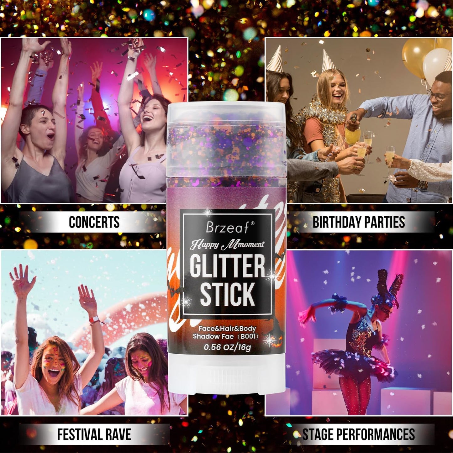 Brzeaf Halloween Body and Face Glitter Stick, Shimmery& Long Lasting, Hair Eyeshadow Face Body Glitter, Singer Concert Music Rave Festival, Glitter Stick Makeup & Face Glitter Gel