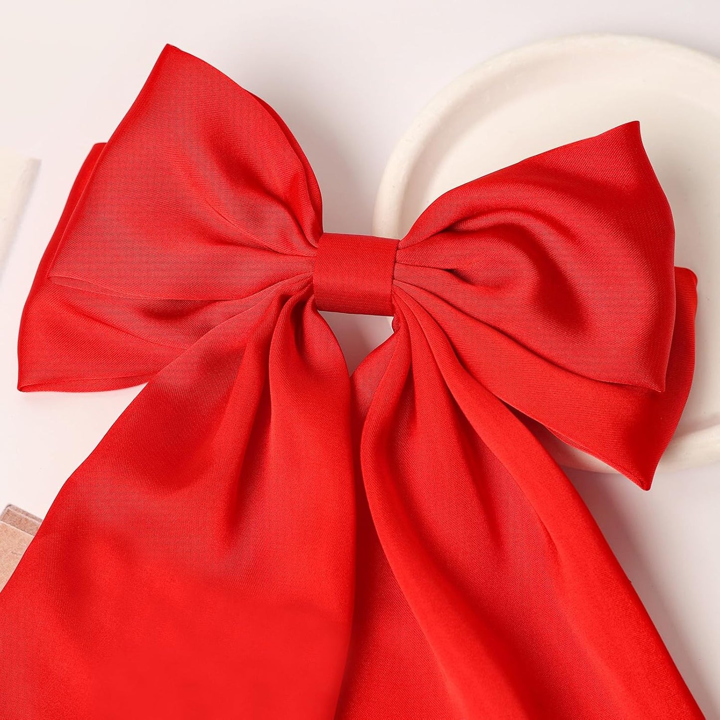 Furling Pompoms Red Hair Bow,Black Satin Bows for Hair,Long Tail Hair Bow Barrette Clips