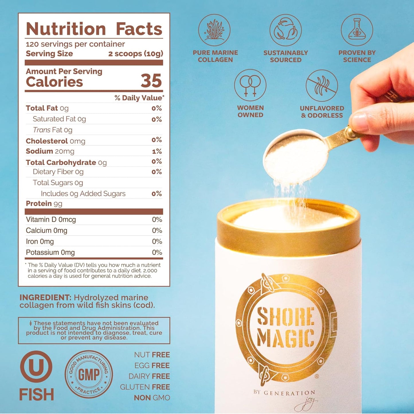 Shore Magic Premium Marine Collagen Powder Types I-IV | Wild Fish-Sourced, Hydrolyzed, Unflavored & Odorless | 9g Protein Per Serving – Supports Skin, Hair, Nails, Joints & Bones | 4-Month Supply