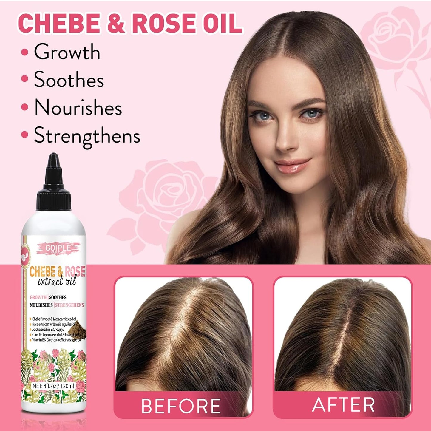 Chebe & Rose Hair Oil for Hair Growth, Chebe & Rose Extract Oil Moisturizer for Scalp, African Chebe Powder for Hair Growth Stronger Thicker, Natural Chebe Hair Growth Oil for All Hair Types 4fl oz