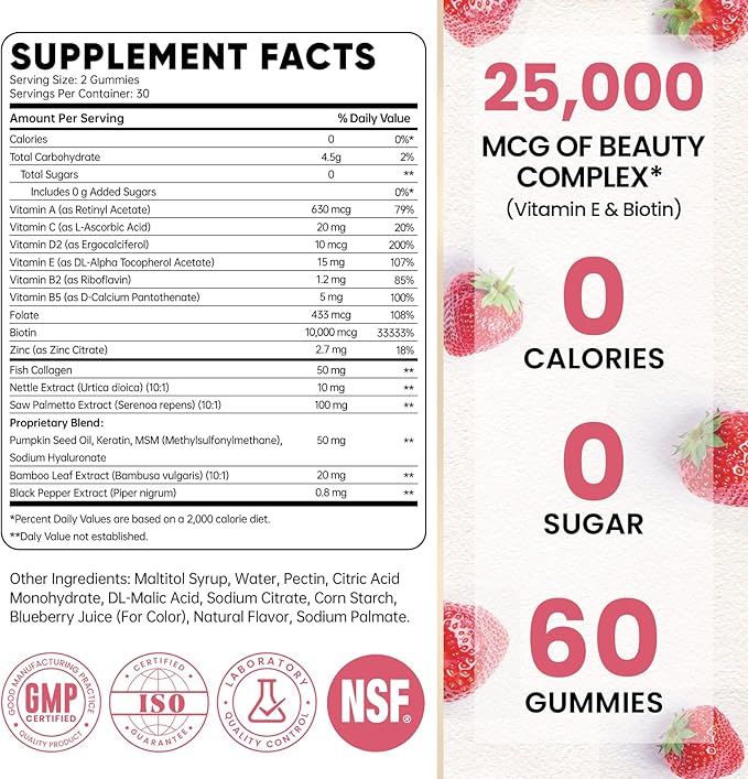 Venture Pal Biotin Gummies with Collagen & Keratin - Hair Growth Support Skin and Nail Strength Vitamins for Women & Men - Biotin 10000mcg | B-Complex | Saw Palmetto - Sugar Free, Non-GMO, 60ct