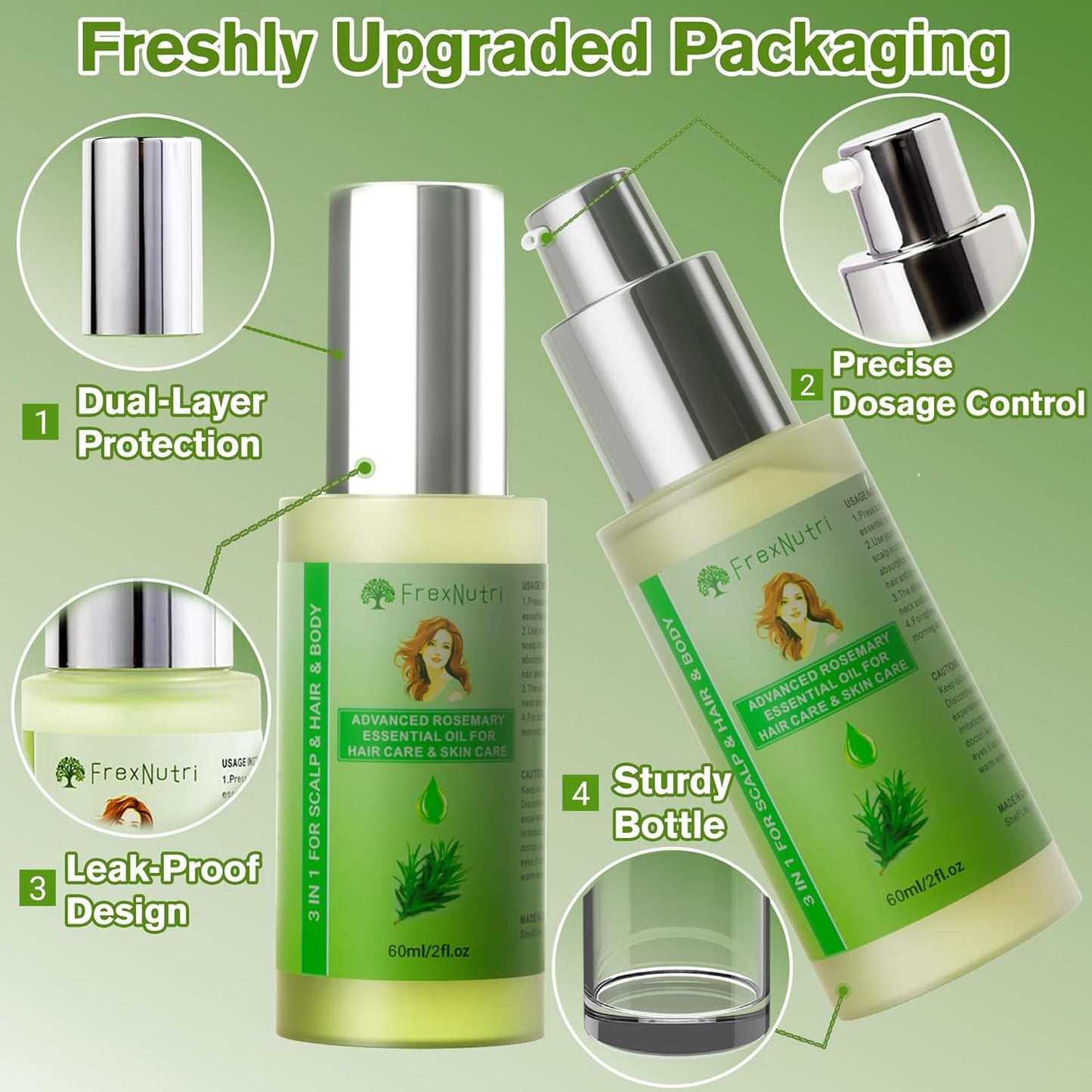 Rosemary Oil for Hair Growth (2 x 60ML), Organic Pure Rosemary Essential Oil for Hair & Scalp, Leak-Proof Bottle with Precision Press Dispenser, Multi-Purpose for Hair, Skin & Aromatherapy