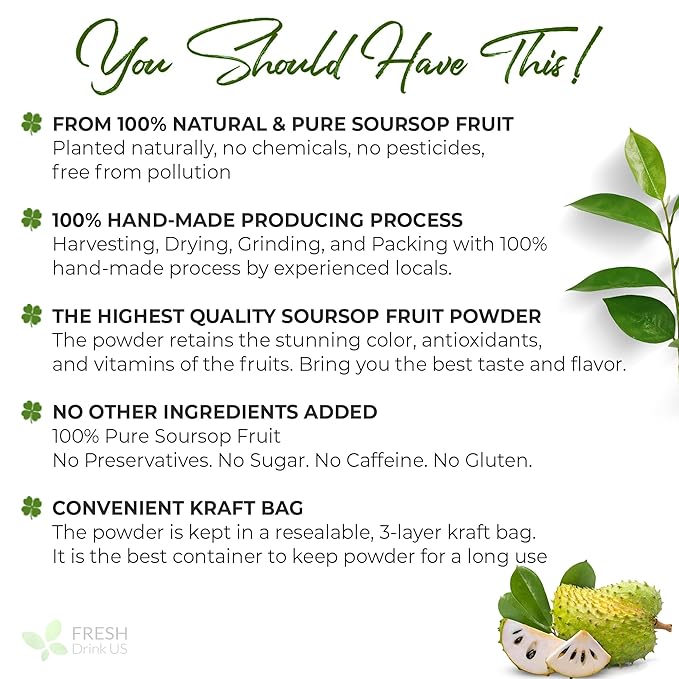 FreshDrinkUS, Premium 1oz Soursop Fruit Powder, 100% Natural and Pure from Soursop Graviola Fruit, Soursop Fruit Tea, No Additives, No Gluten, No Sugar, Vegan, Guanabana Powder, Handmade Product